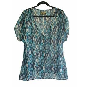 Show Me Your MUMU Sheer Blouse Medium Womans Geometric Multi Color Cap Sleeve